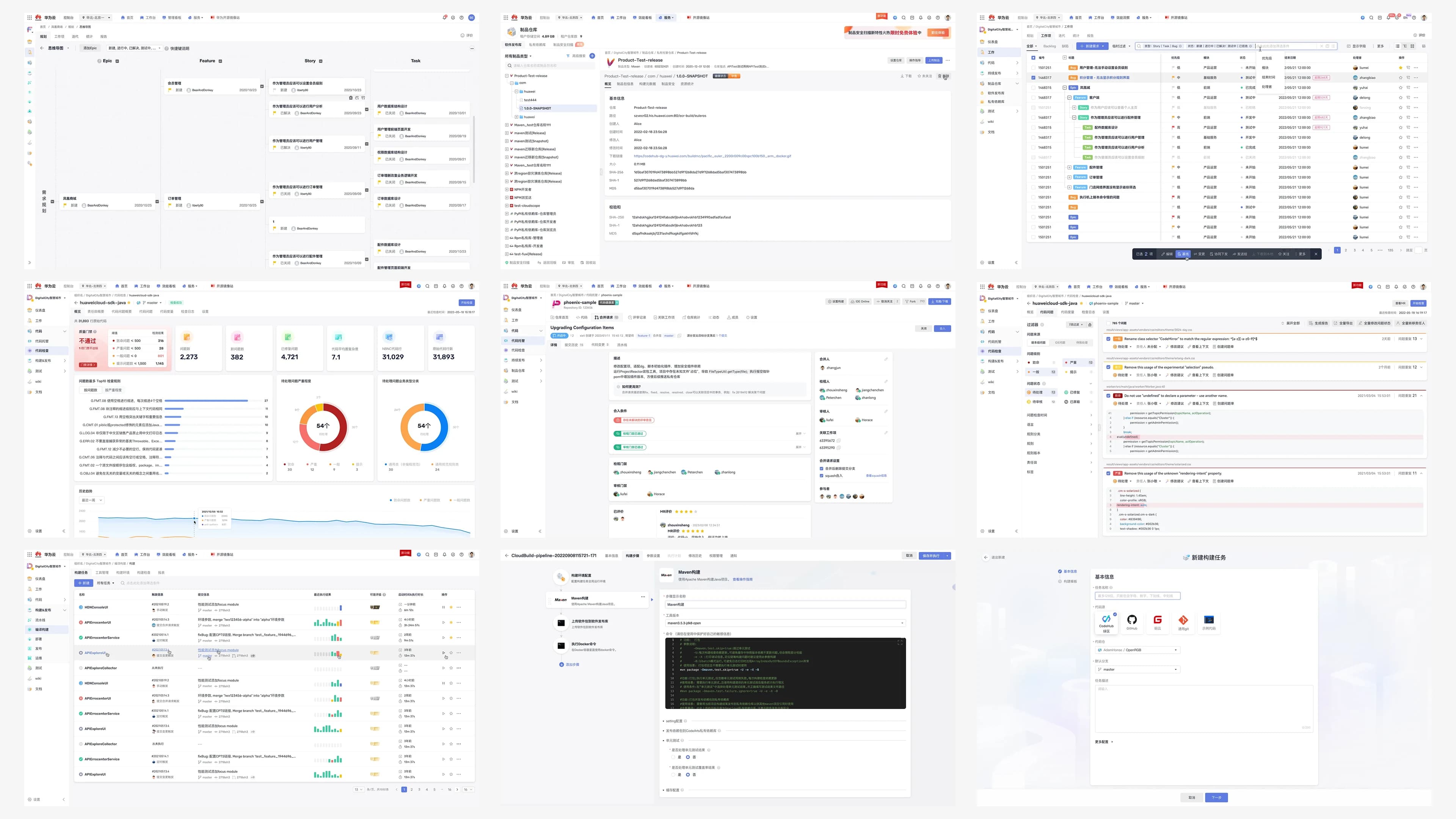 The same nine screens after the redesign, unified under the CodeArts identity with one consistent header, toolbar and card language