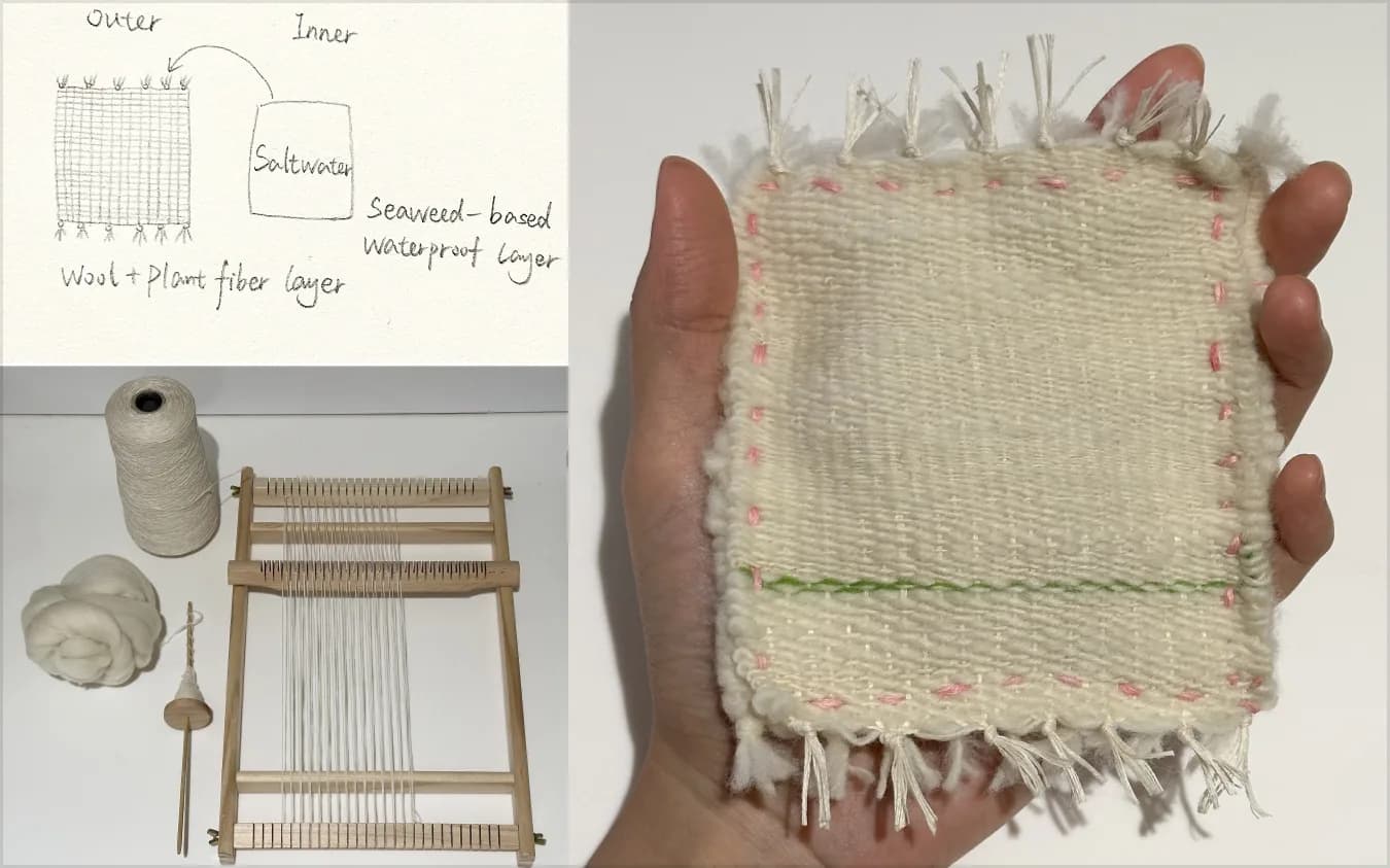 Hand-woven wool and seaweed-fibre ice pack prototype, shown as a construction diagram, raw materials, and the finished woven swatch