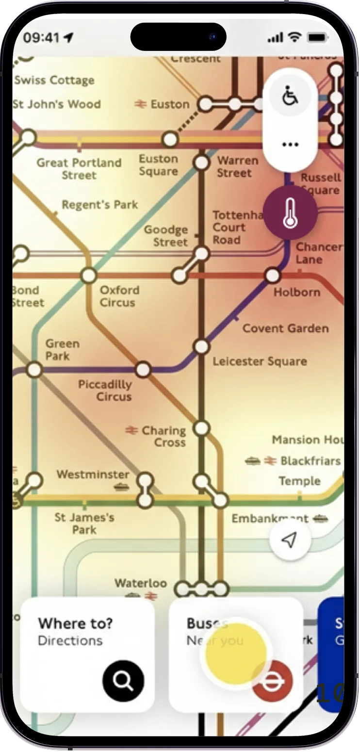 A concept image showing a TfL app map touchpoint with a heat-status cue.