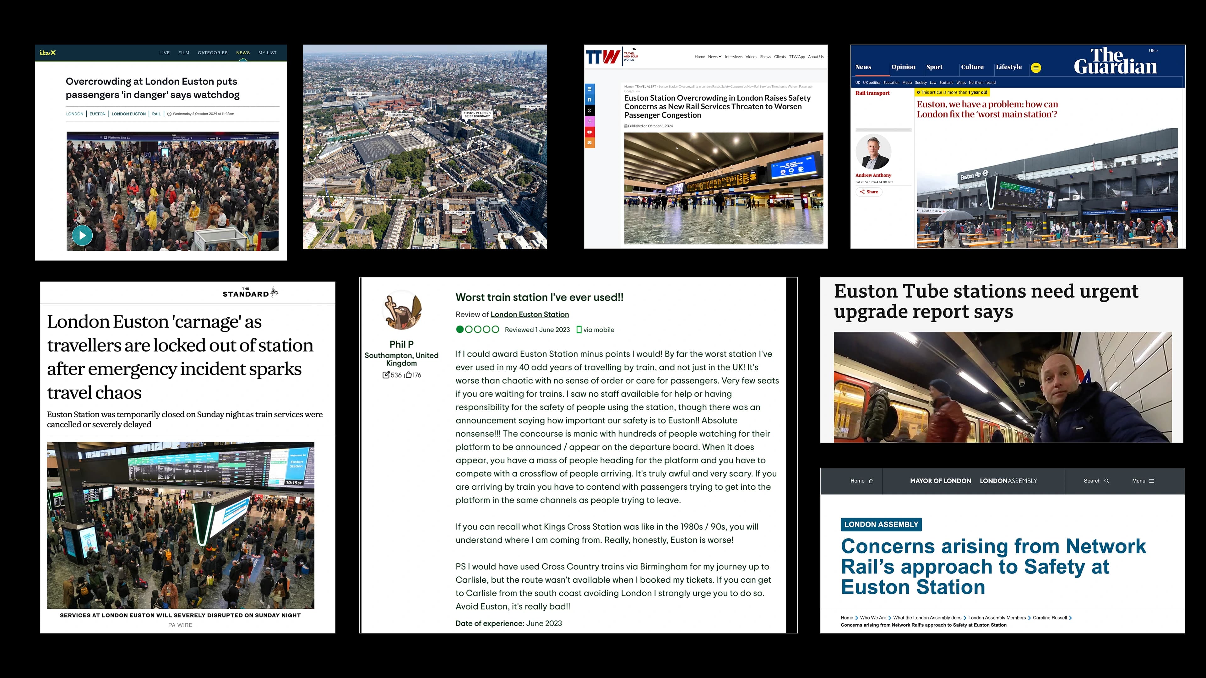 Collage of news reports, user complaints, and public signals about overcrowding and pressure at Euston station.