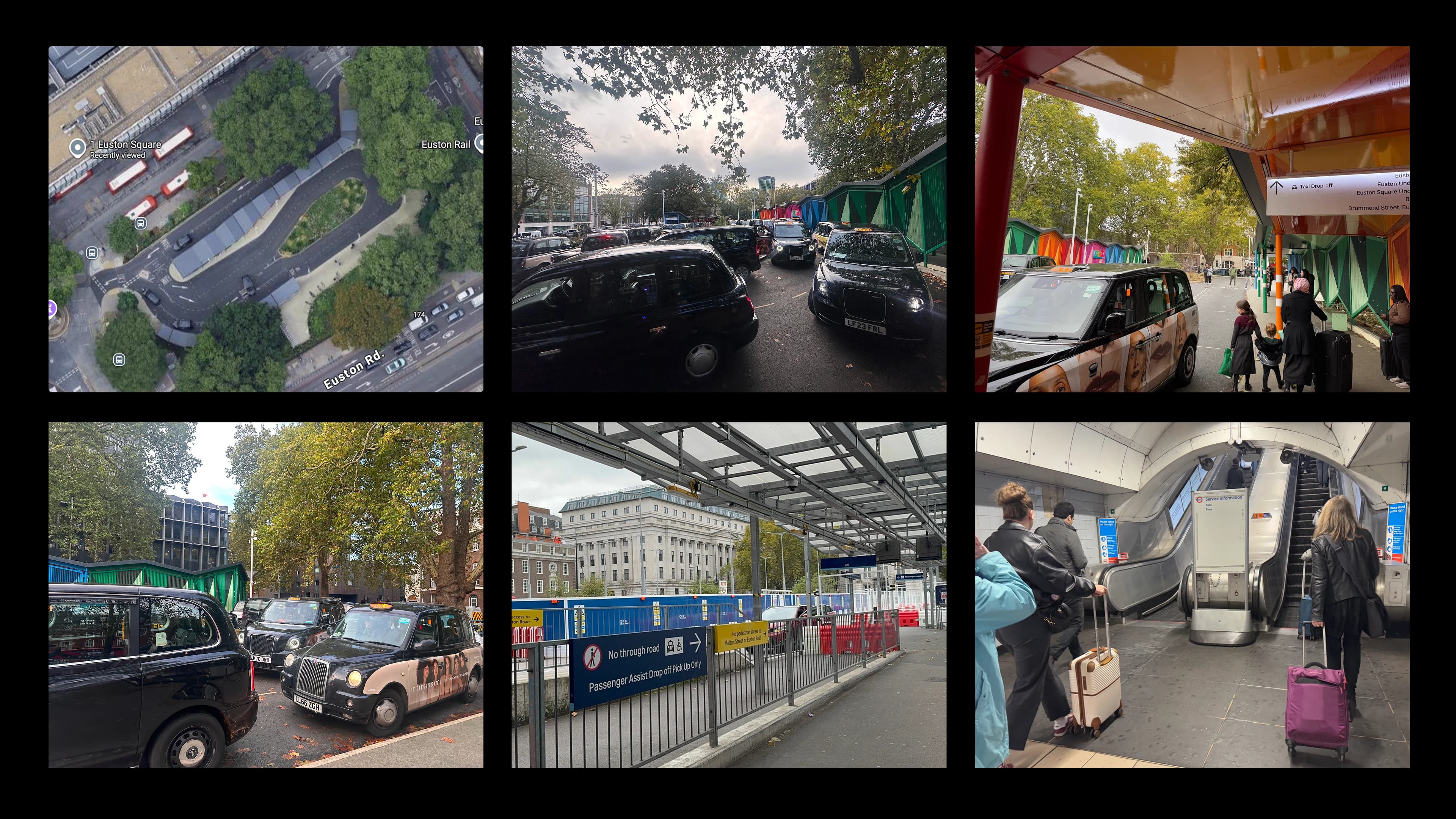 Early field-scan photos across Euston — taxi loop, station entrances, escalators, concourse, and surrounding pedestrian routes.