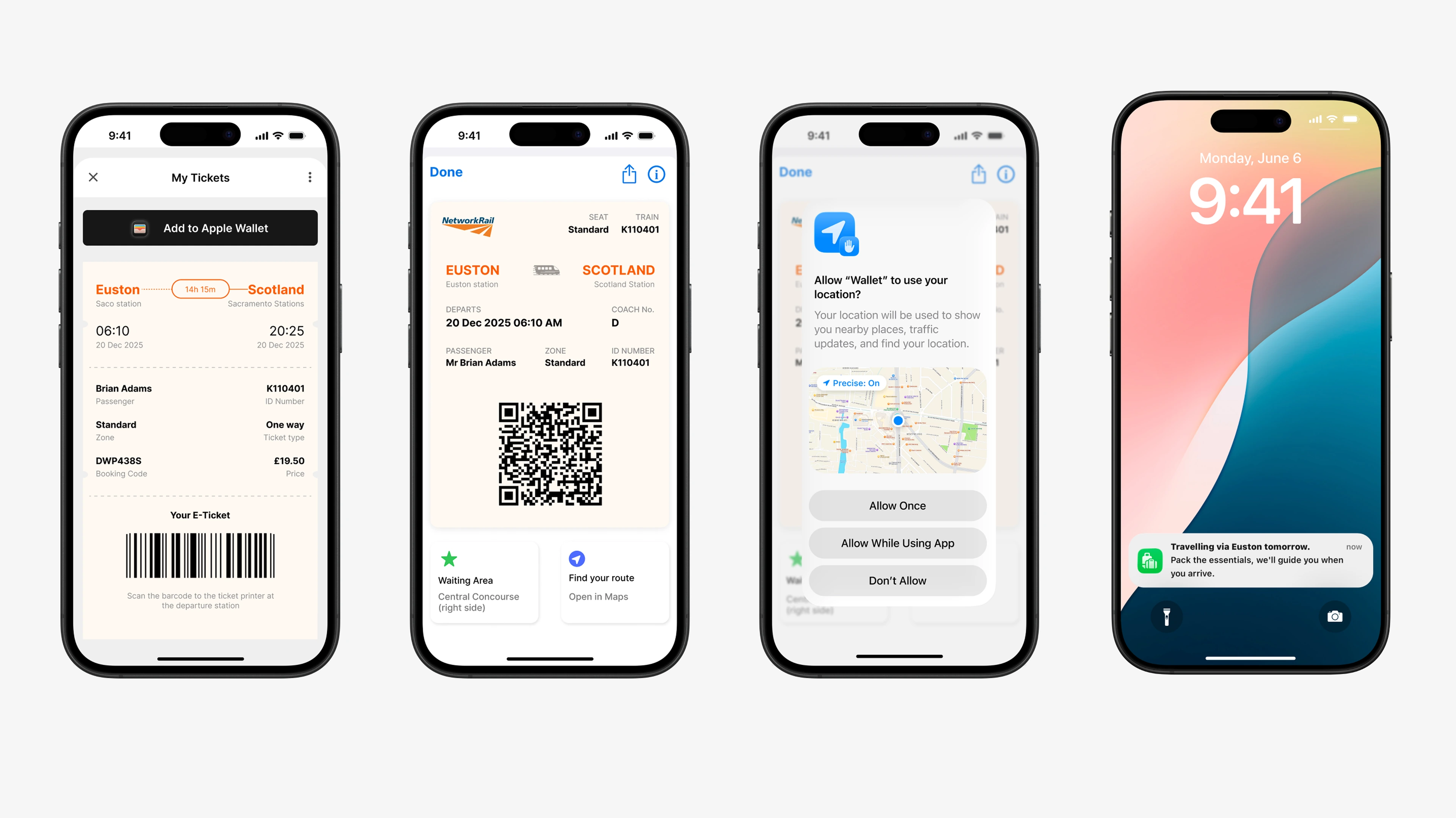 Apple Wallet flow — adding the ticket, granting location, and a calm arrival notification.