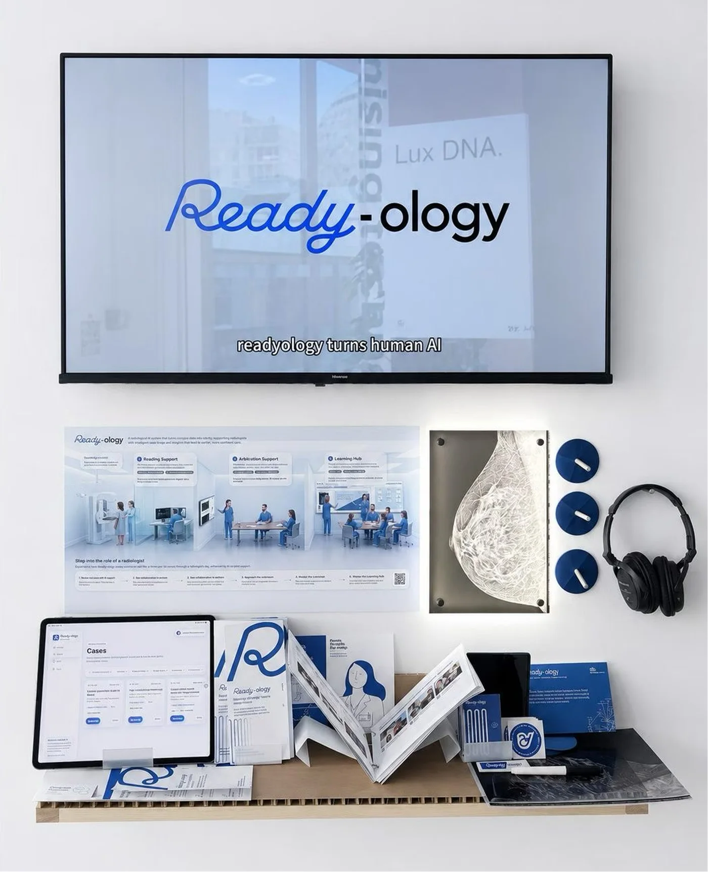Ready-ology exhibition stand — working prototype, printed service journey poster, and physical artefacts on display
