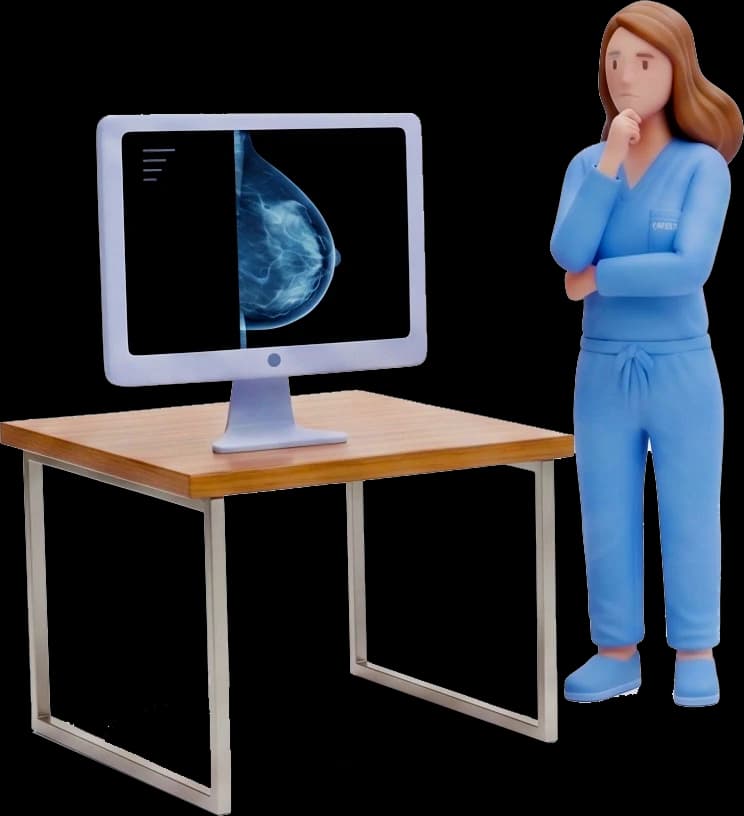 Radiologist at reading station with mammography display